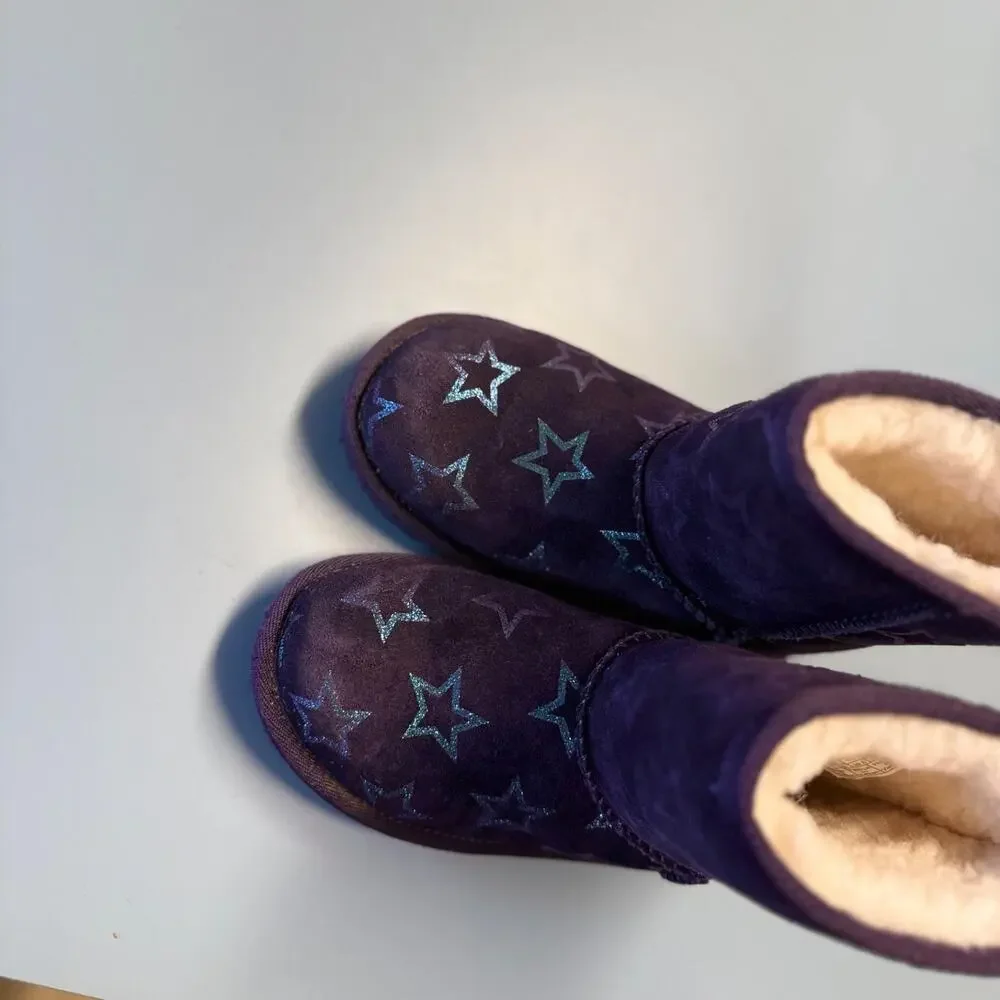 UGG Girls Sz 11 Boots Classic II Purple Iridescent Stars Nightshade